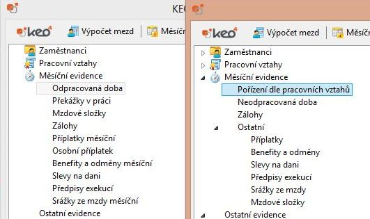 Vlevo vidíte staré menu verze KEO4 1.0.76 a vpravo nové menu ve verzi KEO4 1.0.77.